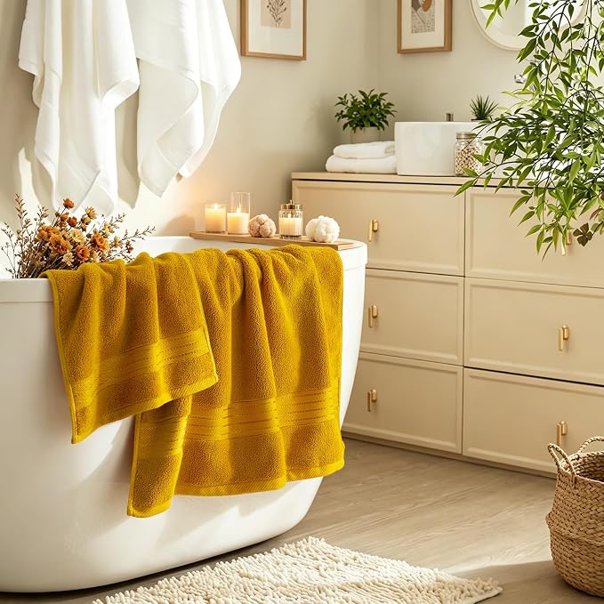 COZYART Luxury Bath Towels 4 PCS, 27x54 650 GSM Turkish Cotton, Gold | Zero Twist 100% Ring Spun Cotton, Fluffy, Ultra Soft, Super Absorbent, Quick Dry, Large Towels for Hotel Spa Bathroom Shower