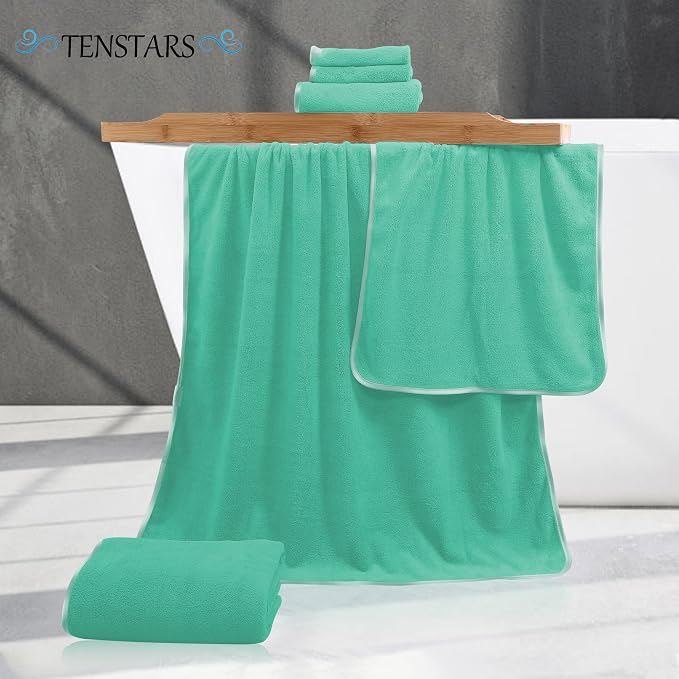 TENSTARS Luxury Silk Hemming Towel Set - Light Thin Quick Drying - 2 Bath Towels 2 Hand Towels 2 Washcloths - Ultra Soft Microfiber Towel for Bath Fitness, Sports, Yoga, Travel (Aqua Green, 6 Pieces)