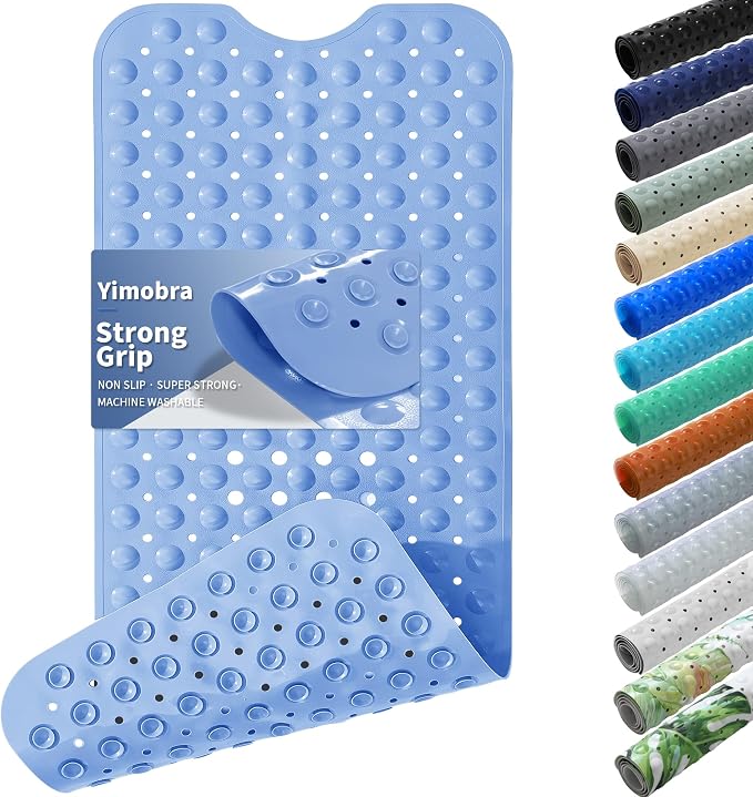 Yimobra Non Slip Bathtub Mat 40 x 16 Inch, Extra Long Shower Mat with Drain Holes, Machine Washable Baby Bath Mats, Strong Suction Cups for Bathroom Floor, Blue