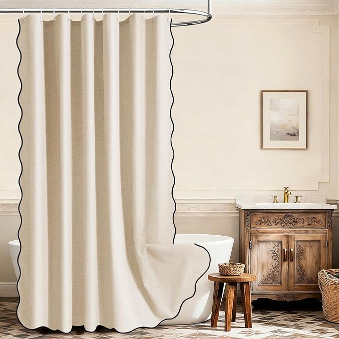 WONICY Boho Scalloped Shower Curtain with Hooks, Beige, 72 x 72 | Linen Look, Waterproof Polyester, 12 Plastic Hooks, Modern Farmhouse Style, Machine Washable, for Bathroom
