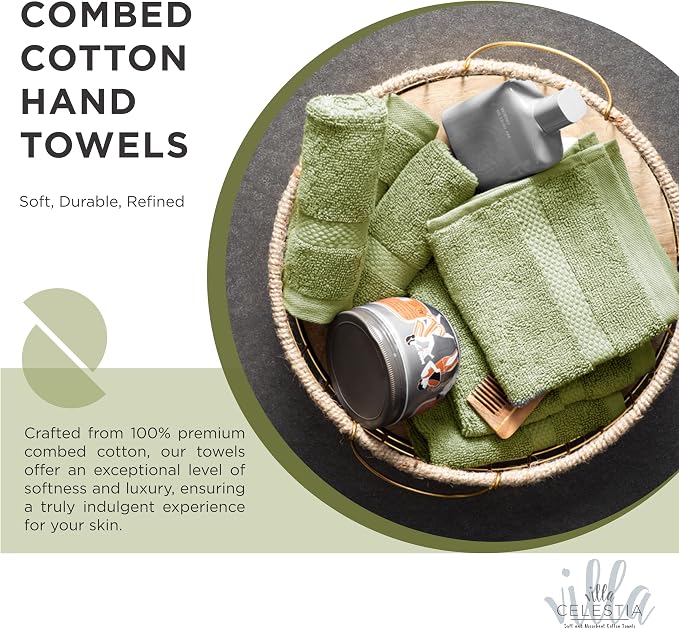 Villa Celestia 12-Piece 100% Cotton Towel Set, 4 Bath Towels, 4 Hand Towels, 4 Wash Cloth, Quick-Dry, Sage