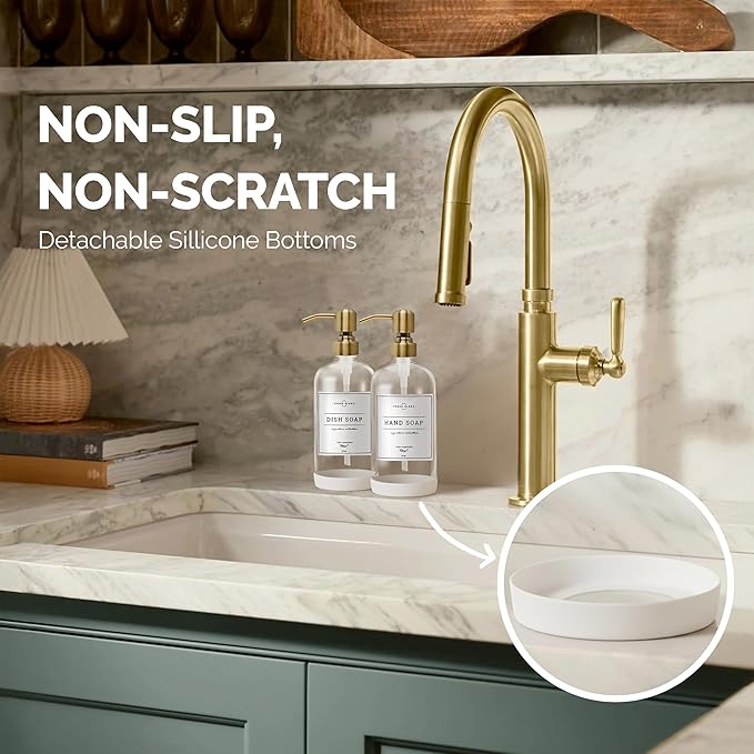 Vine Creations Clear Glass Soap Dispenser, 2 Pack Kitchen Soap Dispenser Set with Stainless Steel Pump, 16 oz Dish Soap and Hand Soap Dispensers for Bathroom with Waterproof Labels