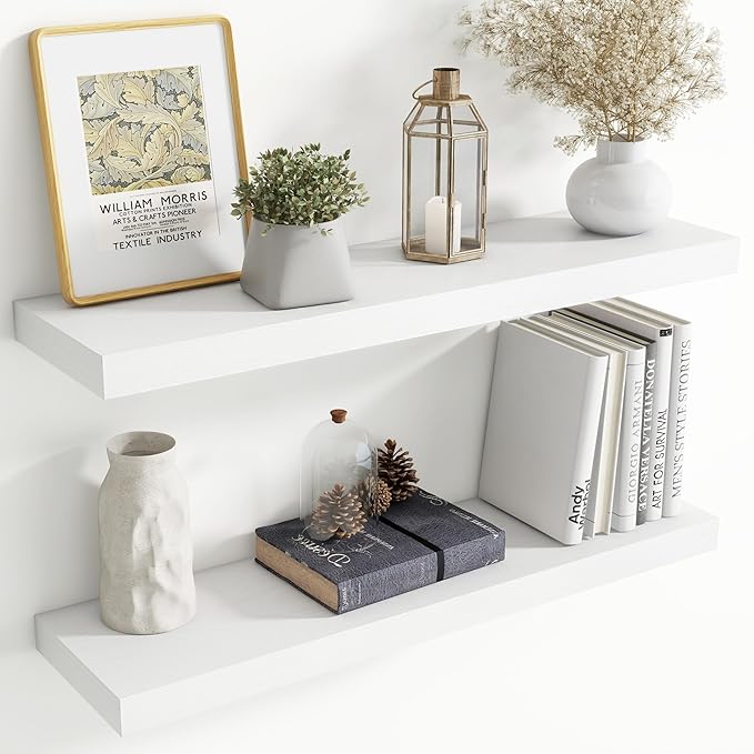 36 Inch Floating shelves for Wall, 8 Inch Deep, Invisible Brackets, White | Rustic Wall Mounted Shelf, Storage & Display, Wooden Shelves for Living Room, Kitchen, Bathroom and Home Decor, Set of 2