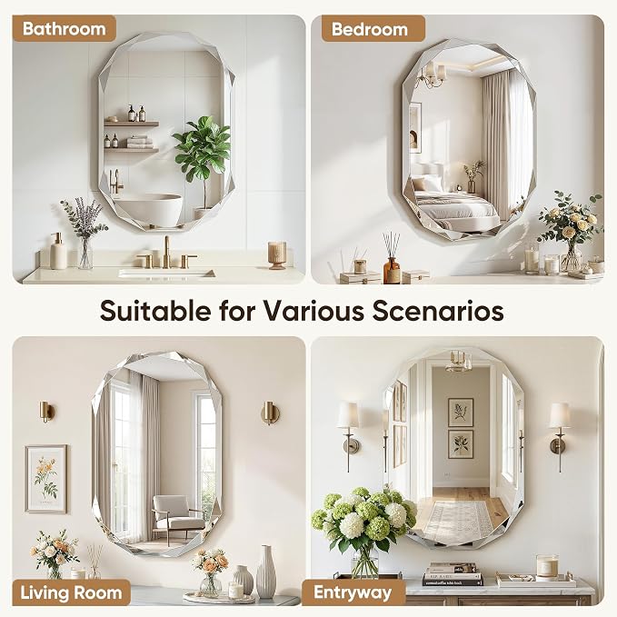 Suidia Bathroom Mirror, 24"x 36" Wall Mirror, Frameless Bathroom Mirror with Beveled Edge for Bedroom, Living Room, Entryway, Hallway, Oval Shape