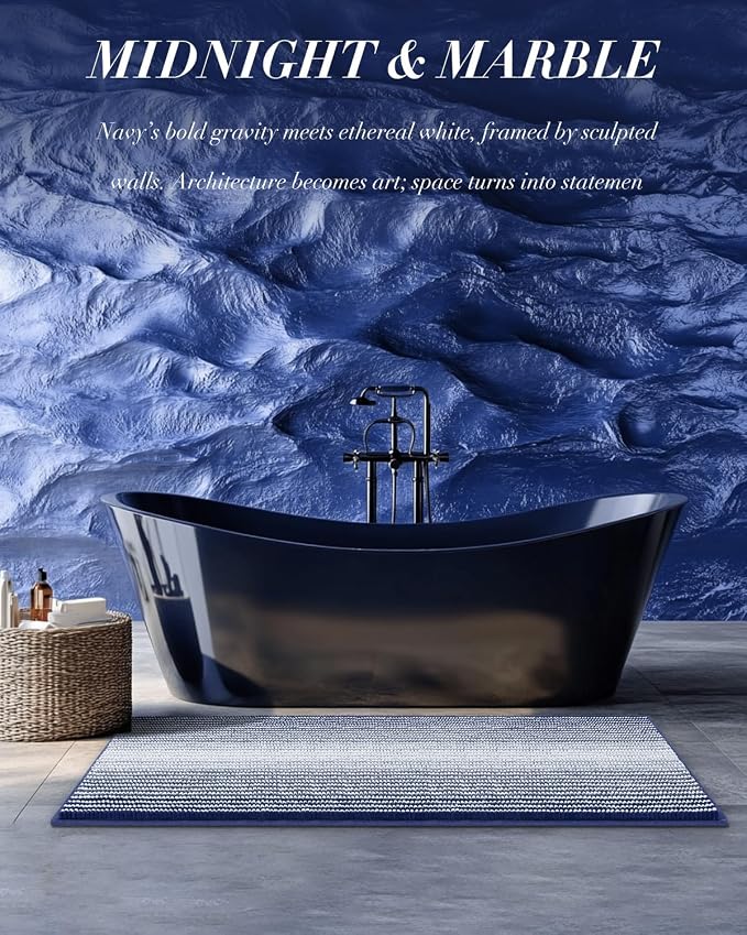 Chenille Bathroom Rugs, 21 x 60 Inches Non Slip Absorbent Bath Mat, Soft Shaggy Shower Bath Floor Mats for Bathroom, Machine Washable(Navy)
