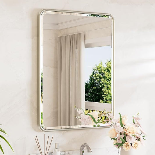 Brushed Nickel Mirror 20 x 30 Beveled Edge Tempered Glass, Rounded Corner Rectangle Bathroom Mirror for Over Sink for Modern Bathroom, Living Room, Bedroom, Entryway