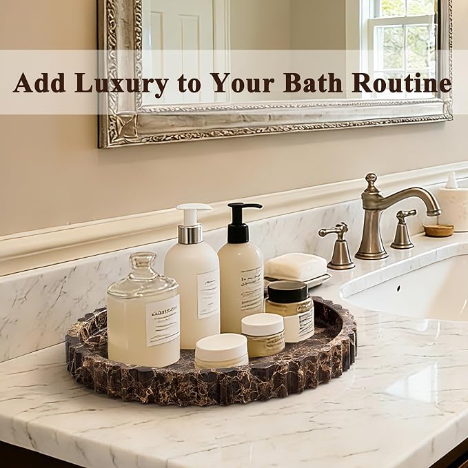 Natural Marble Tray for Bathroom, Dark Brown, Round, 11 Inch | Real Stone Decorative Vanity Tray with Fluted Edge, Large Round Marble Serving Storage Tray for Counter, Dresser, Home Decor