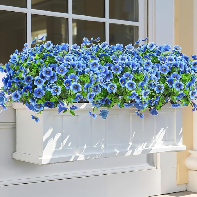 24 Pcs Artificial Flowers for Outdoors Decorations, Blue | Lifelike silk flowers, UV resistant, faux plastic plants, for garden porch window table vase home indoor outdoor decor