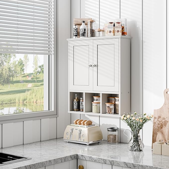 Bathroom Wall Cabinet, Bathroom Cabinet Wall Mount with 2 Doors and 3 Open Shelves, Over the Toilet Wood Medicine Cabinets, White