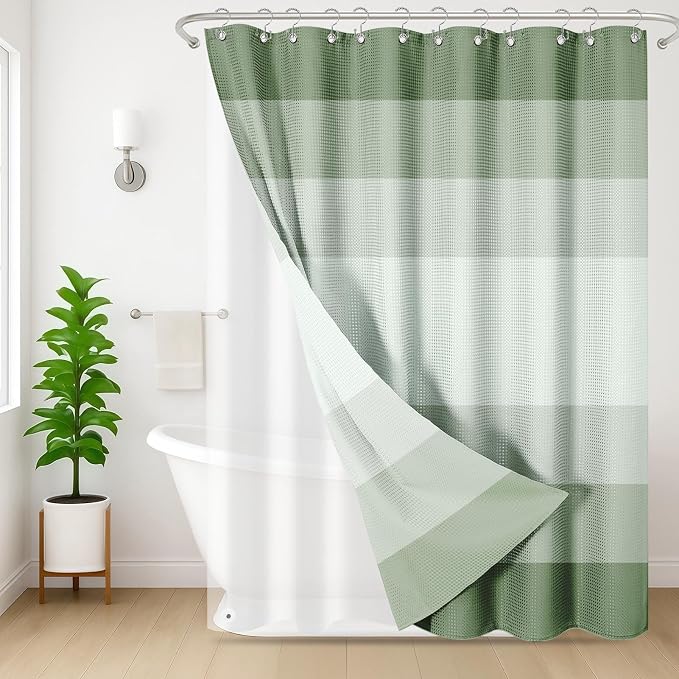 3 in 1 Shower Curtain and Liner,72 x 72 inch, Ombre Green | Striped Shower Curtain and PEVA Liner Set with 12 Rust-Resistant Metal Hooks, Waterproof Fabric Curtains for Bathroom