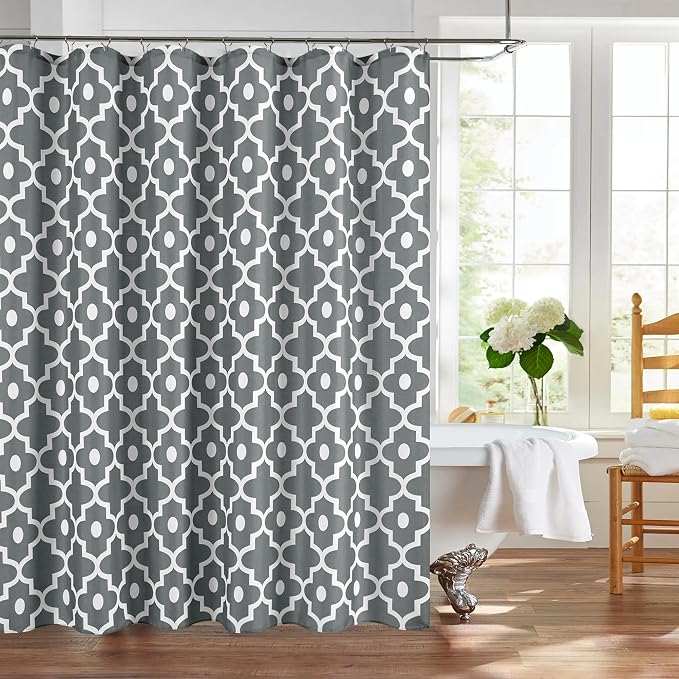 Biscaynebay Extra Long Textured Fabric Shower Curtain 72" W x 84" L, Dark Grey Morocco Pearl Printed Hotel Spa Luxury Decorative Bathroom Curtain Machine Washable