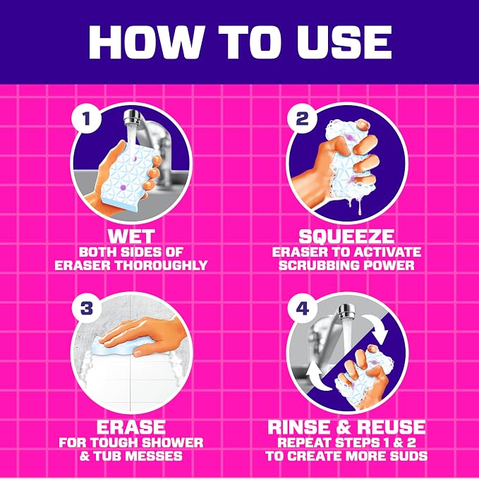 Mr. Clean Magic Eraser Sponge, Bathroom, Shower, Tub Cleaner, Soap Scum Remover, Bathroom Cleaning Supplies, Dawn Cleaning Power with Lavender Scent, Shower & Tub, 8ct