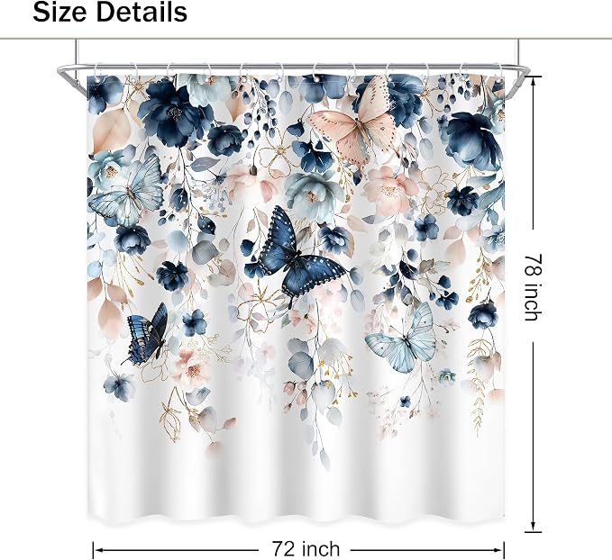 Extra Long Blue Pink Floral Butterfly Bathroom Shower Curtain Set | 72"W x 78"L Spring Summer style, clear shower print, fast-dry fabric and hooks for a simple bath update.