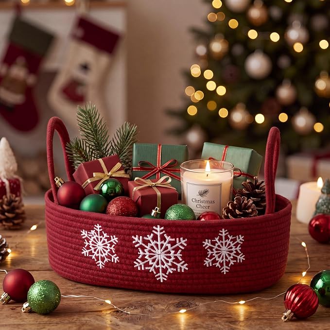 Vesici Snowflake Woven Storage Basket for Toilet, Christmas Bathroom Decor | Cotton Rope Woven, Snowflake Winter Burgundy Red Decor, Holds Toilet Paper, Bathroom Countertop or Tank Top, 13 X 6 X 4 Inch