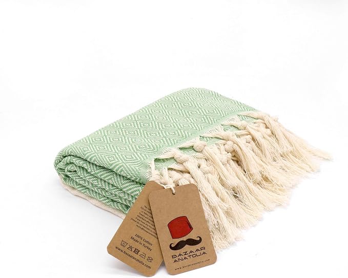 Turkish Beach Towel, 100% Cotton, 71x39 in, Diamond Green