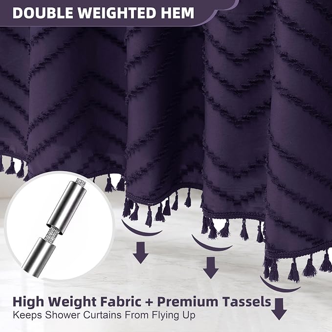 Siiluminisoy Boho Dark Purple Shower Curtain, 72 x 72 Woven Fabric Tufted Chevron Textured Striped Modern Farmhouse Minimalist for Bathroom