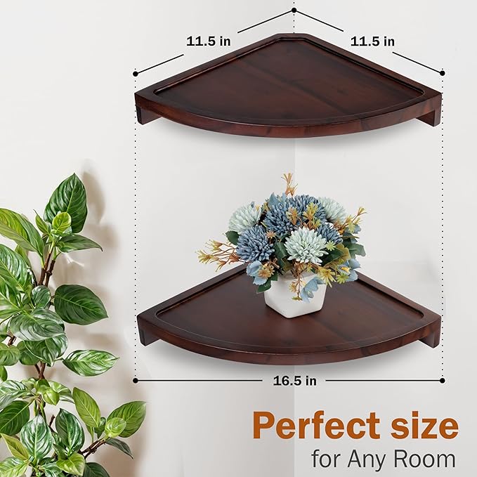 Demigo Round Floating Corner Shelves, Dark Brown Wall Shelf, Set of 2 | Acacia Wood Wall-Mounted Storage Shelves for Home Decor, Living Room, Kitchen, Office & Bedroom, Space-Saving Wood Display