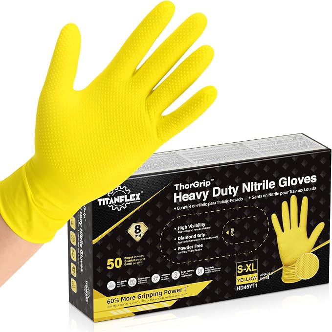 Heavy Duty Industrial Nitrile Gloves with Raised Diamond Texture, 8-mil, Latex Free (Green/Dark Green/Yellow)