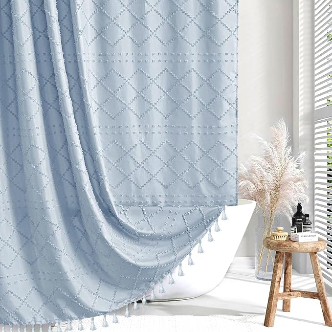 Siiluminisoy Fog Blue Boho Shower Curtain, 72 x 72 Tufted Chevron Textured Striped Modern Farmhouse Minimalist Cloth Shower Curtain for Bathroom