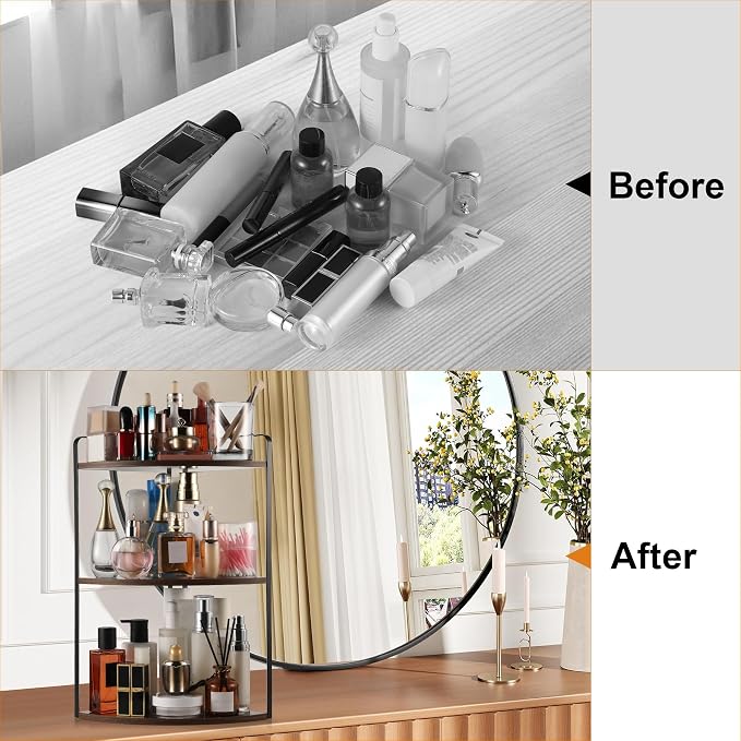 3 Tier Corner Bathroom Counter Organizer, Gray Brown | Countertop Sink Organizer Rack, Wooden and Metal Counter Shelf, Space Saving Corner Bathroom & Vanity