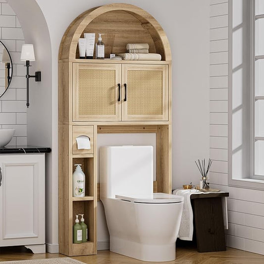 Spurgehom Over Toilet Storage Cabinet, Bathroom Arch Organizer,Rattan | Freestanding Arch Bathroom Cabinet with Anti-Tipping Safety Kit, Space-Saving Toilet Storage Shelf, Toiletries Organization.