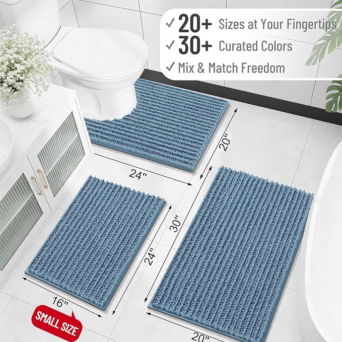 OLANLY Bathroom Rugs 44x24, Thick Soft Absorbent Chenille Bath Rugs | Airy Blue, Shaggy Bath Mat with Quick-Drying Rubber Backing, Washable for Floor, Tub and Shower, Home Decor Accessories