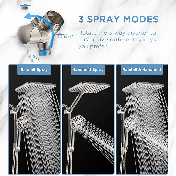 Dual Handheld Shower Head Combo, 2-in-1 Rain Shower Heads System Wide Rainfall Shower Head and 10 Modes High Pressure Hand Held Showerhead with Built-in Power Wash - Brushed Nickel