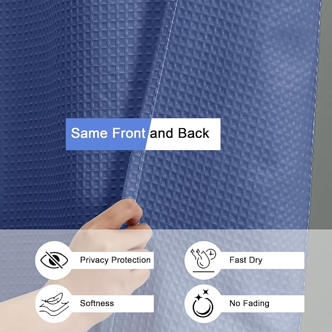 Long Fabric Shower Curtain Set, Waffle Textured Shower Curtain for Bathroom - Weight 230GSM Heavy Duty Hotel Spa Luxury Bath Curtain Set with 12 Plastic Hooks, 72x78, Blue