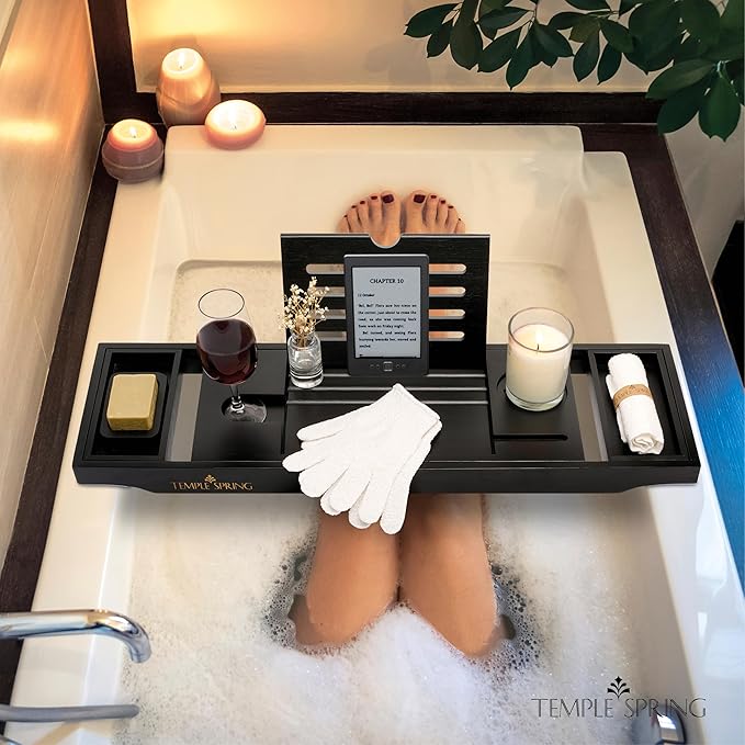 Bamboo Bathtub Tray Caddy for Tub — Expandable Wood Bath Tray with Solid Book Stand Wine Holder and Non-Slip Pads — Includes Bamboo Soap Dish and Spa Accessories — Luxury Bath Gift Set