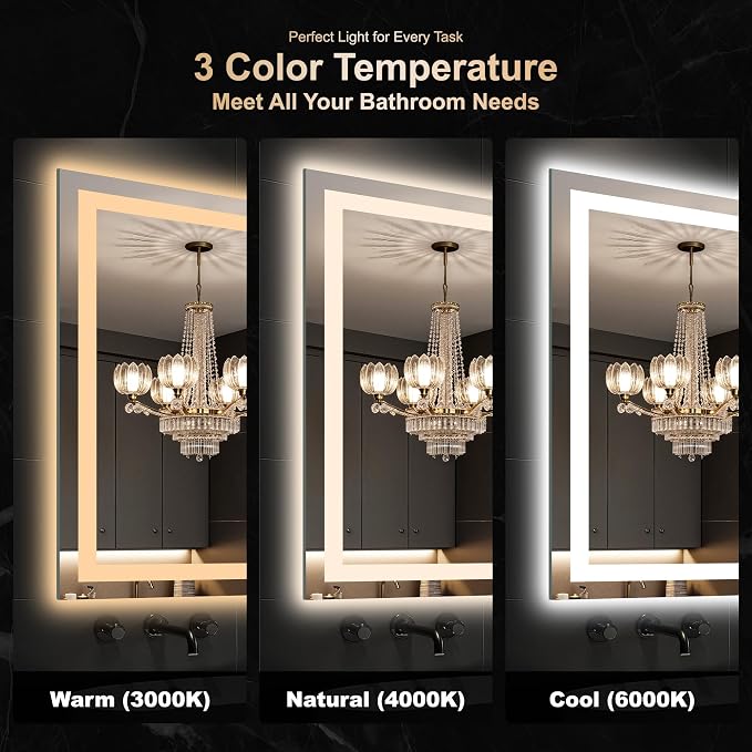 LED Mirror for Bathroom 30x40 Inch, Dimmable Front & Backlit Vanity Mirror with Anti-Fog, 3 Color Modes, Memory Function, Shatterproof Tempered Glass, Horizontal or Vertical Mount