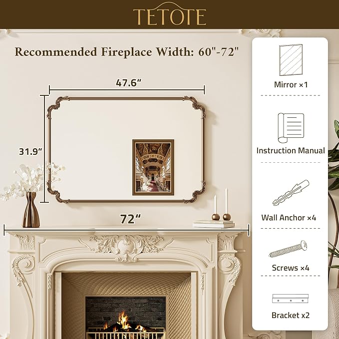 Vintage Antique Bronze Rectangle Mirror for Mantle Fireplace 48 x 32 Traditional Baroque Ornate Scroll Wall Mirror with Metal Frame for Living Room Bedroom, Horizontal/Vertical