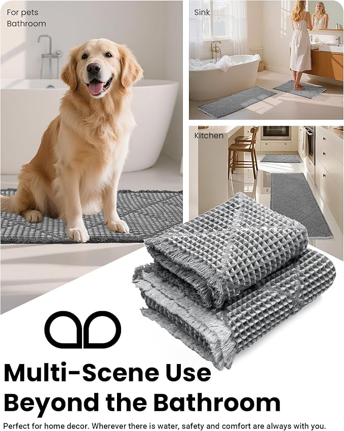 Waffle Bath Mat Set, Non Slip Bathroom Rugs 2 Piece, Gray & Light Gray | Ultra Absorbent Long Bath Rug Runner for Bathroom Boho Chic Decor, Machine Washable Floor Mats, 20"×47" Plus 18"×30"