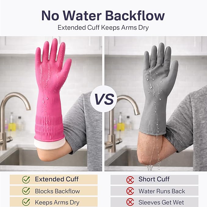 Rubber Dishwashing Gloves, Reusable Cleaning Dish Gloves for Kitchen, Long Cuff for Washing Dishes