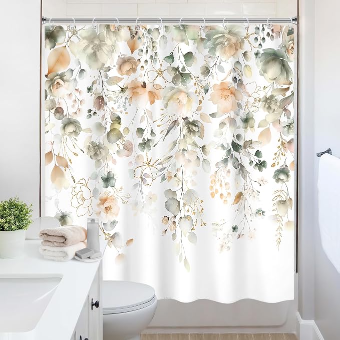 Green Yellow Floral Summer Watercolor Sage Bathroom Shower Curtain Set | 72"W x 72"L Flower Eucalyptus look, waterproof HD printed shower curtain, quick-dry fabric and free hooks.