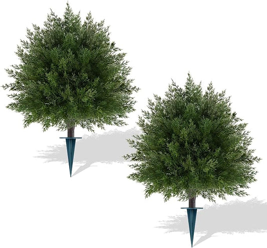 2Pcs Artificial Cedar Topiary Ball Trees, 16" UV Resistant | Artificial Shrubs for Outdoor, Fake Bushes Faux Plants With Ground Spike, for Indoor Front Porch Garden Decor
