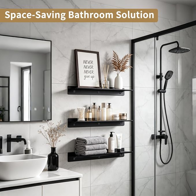 LANC 20" Long Floating Shelf for Wall Storage, Matte Black Bathroom Shelf on Wall Mounted, Stainless Steel Display Hanging Shelves for Bathroom/Living Room/Shower/Books Caddy, A7283MB-L5