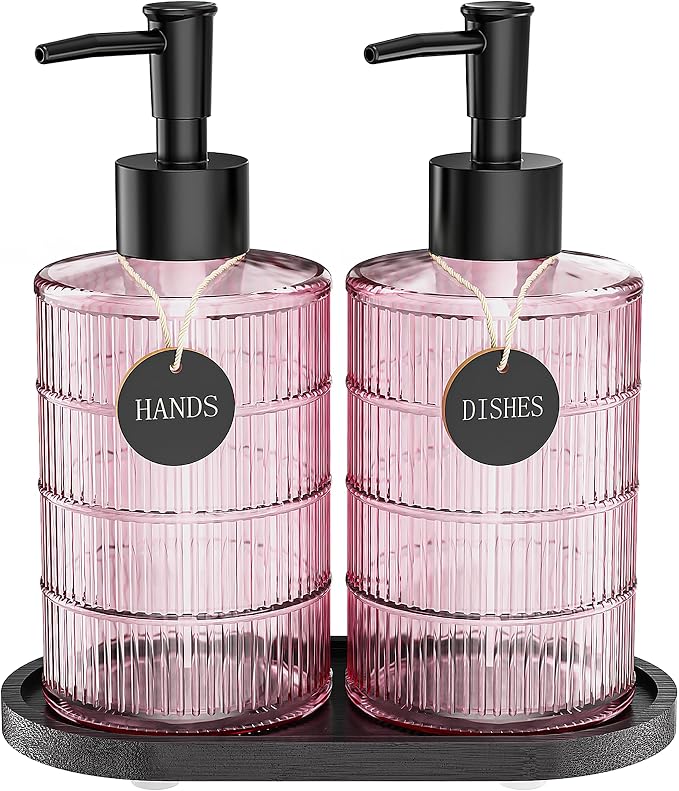 MASADI Soap Dispenser Set with Bamboo Tray, Dish and Hand Soap Lotion Dispenser Set with Wooden Pump for Kitchen and Bathroom Decor for Counter, Modern Vintage Liquid Soap Dispensers (Pink&Black)