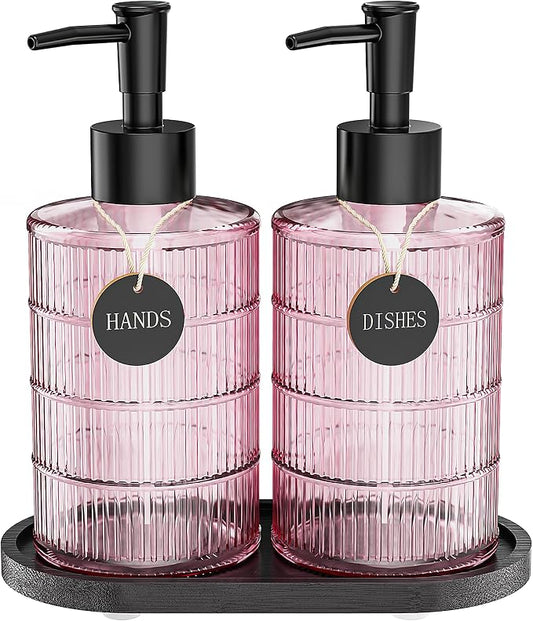 MASADI Soap Dispenser Set with Bamboo Tray, Dish and Hand Soap Lotion Dispenser Set with Wooden Pump for Kitchen and Bathroom Decor for Counter, Modern Vintage Liquid Soap Dispensers (Pink&Black)