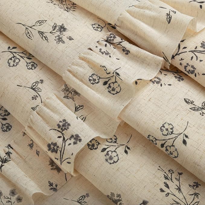 Black Floral Vintage Linen Shower Curtain, French Country Ruffle Shower Curtains for Bathroom, 72Wx72H