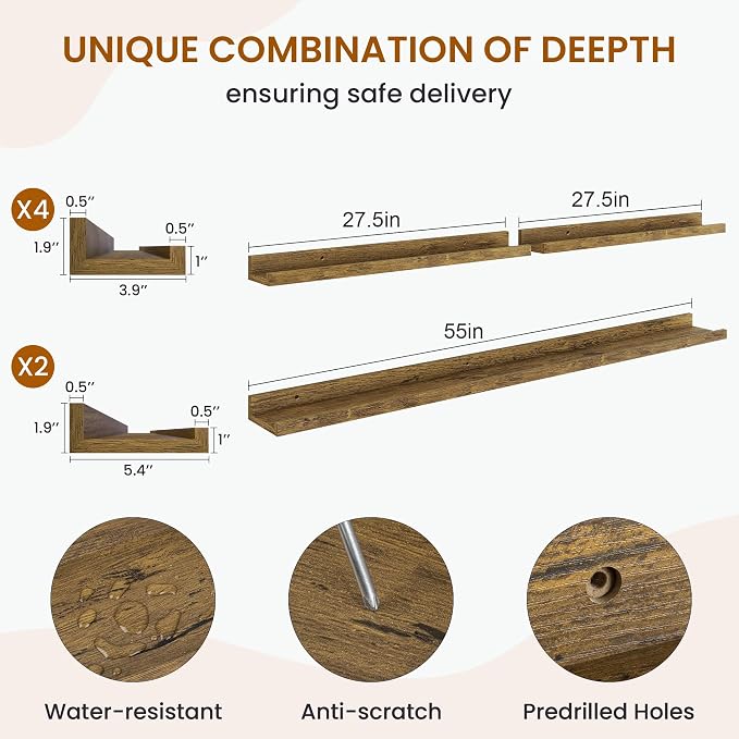 Picture Ledge Shelf, Floating Shelves for Wall Decor Set of 6, 55 inch Floating Wall Mounted Shelves, Shelves with Lip for Living Room, Bedroom, Nursery, Bathroom, Kitchen, Rustic Brown