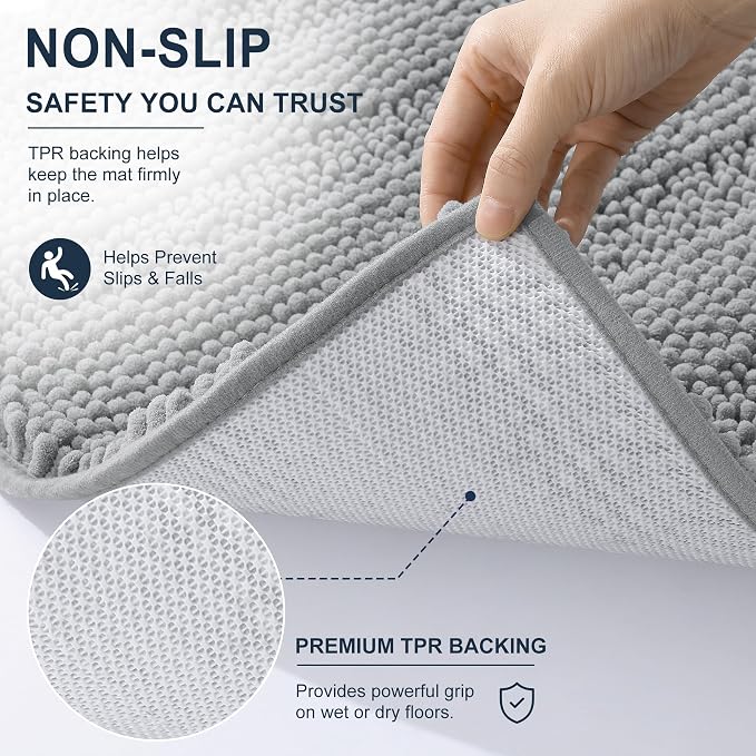 Smiry Thick Chenille Bathroom Rugs 30x20, Absorbent Bath Mat, Light Grey | Quick‑Dry & Machine Washable, Non‑Slip Bath Carpet, Soft Striped Bath Rugs for Tub & Shower, Modern Home Decor Accessories