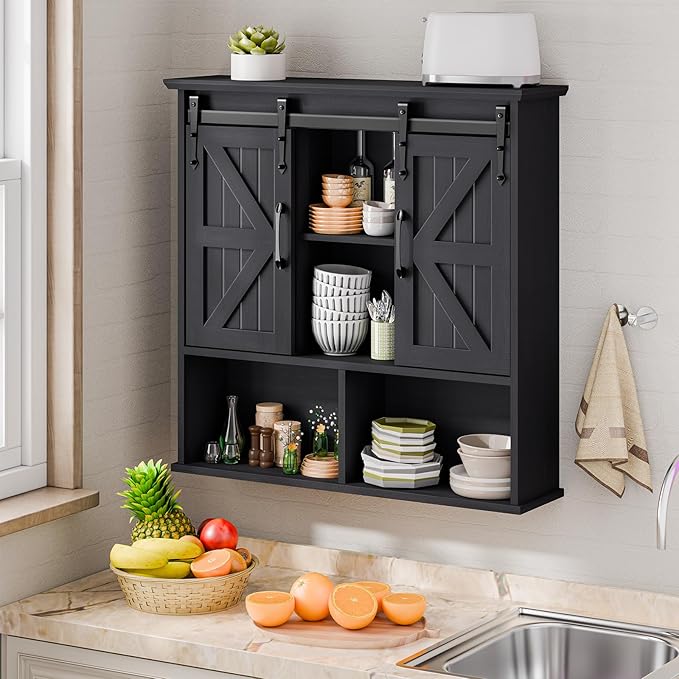 Vabches Bathroom Wall Cabinet, Farmhouse Medicine Cabinet, Black | Wooden Vintage Storage Cabinet Wall Mounted with Double Sliding Barn Door and Adjustable Shelf for Bathroom, Kitchen