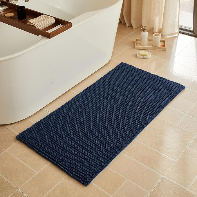 Triohero Waffle Bath Mat, Boho Bathroom Rugs Non Slip Washable, Ultra Soft Super Absorbent Quick Dry Farmhouse Bathroom Decor, 24" x 48", Navy Blue