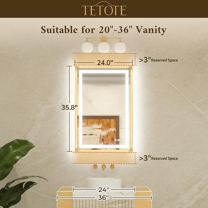 24 x 36 Bathroom LED Mirror Brushed Gold Metal Frame Frontlit & Backlit Vanity Mirror Anti-Fog Stepless Dimmable 3 Colors White/Warm/Natural Mirror with Lights Wall-Mounted