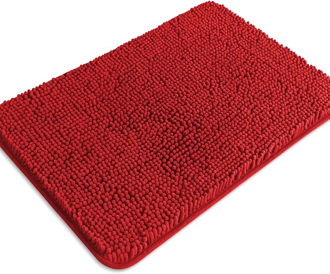 Red Bathroom Rugs – Absorbent and Washable Bath Mat, Non-Slip, Thick Soft Chenille Bath Rugs for Bathroom Floor, Shower - 17" x 24"