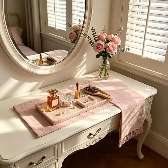 Pink Marble Tray for Vanity, Slim Natural Stone Decorative Tray for Bathroom, Perfume Organizer, Jewelry Dish, Kitchen & Entryway Countertop Decor, Small Rectangle Tray