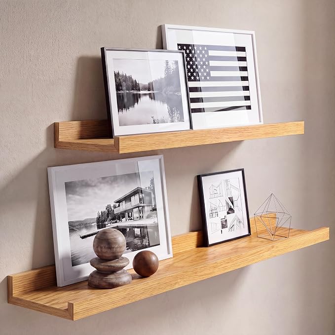 Oak Picture Ledge Shelves for Wall, 4.5" Deep Wood Floating Shelves with Lip for Bedroom, Living Room, 30" Width, Color Oak Set of 2