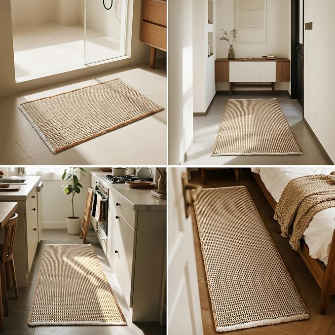 Triohero Waffle Bath Mat, Boho Bathroom Rugs Non Slip Washable, Ultra Soft Super Absorbent Quick Dry Farmhouse Bathroom Decor, 24" x 36", Khaki & White