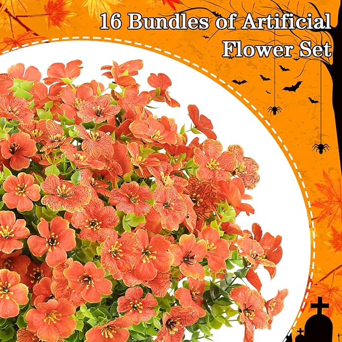 AGIRL Artificial Fall Flowers Fake Mums Outdoor,Faux Plant Porch Decor Home | 16 Bundles,No Fade Autumn Plastic Flowers for Thanksgiving Decoration,Hanging Planters Outside Pottery Barn Garden Patio