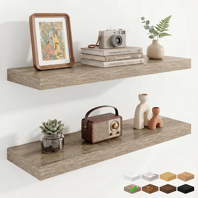 Marsmiles 9.25in Depth 32in Floating Shelves, 32x9.25x1.4, Grey, Set of 2 | Wall Mounted Engineered Wood Shelves, Invisible Brackets for Living Room, Bedroom, Bathroom, Kitchen Decor and Storage